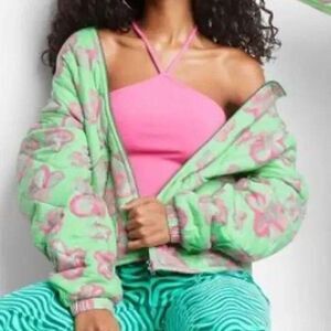 Mint Green Floral Hooded Quilted Jacket - Wild Fable Sz S